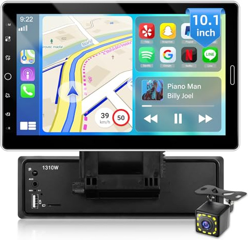 NHOPEEW Radio de Coche 1 DIN con Carplay inalámbrico y Android Auto - Radio de Coche de 10,1 Pulgadas Compatible con vídeo en línea FM/Am Control de Volante + Cámara de Marcha atrás de 12Led