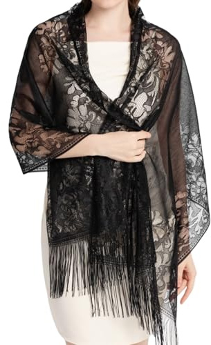 Elegante Stola, Ladiery Damen Umschlagtuch, Umhang Schal Spitzenschal Schal mit Quasten, Dünne Vintage stola Wraps, Hohl Chiffon Stola Damen Festlich, Stola für Abendkleid (Schwarz)