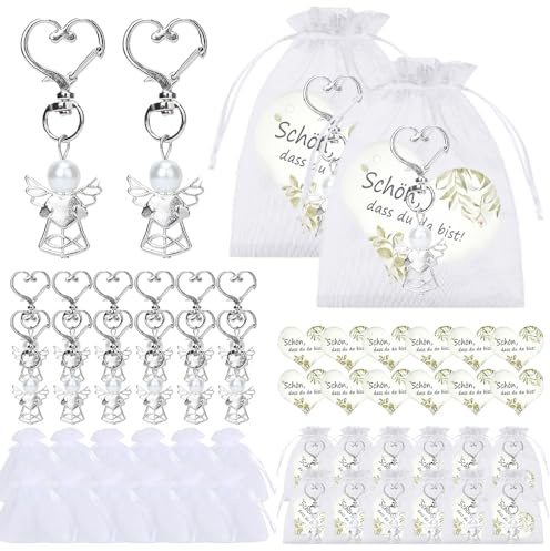 KBIBCK 30 Sets Schutzengel Anhänger, Gastgeschenke Hochzeit Gastgeschenke Schutzengel, Schlüsselanhänger mit Organza Tasche und Kraftpapier Anhänger für Taufe Kommunion Hochzeit, Schön Dass Du Da Bist