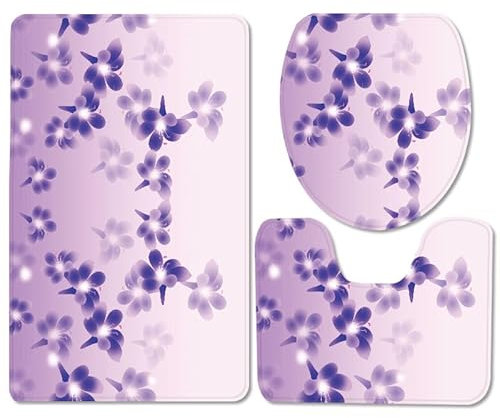 Badezimmerteppich Elegante Lila Blumen WC Vorleger mit Ausschnitt WC Deckelbezug 3 Teiliges WC Teppich rutschfeste Badgarnitur U förmiger Badematte Waschbar Bad Teppiche Set 45x75 cm