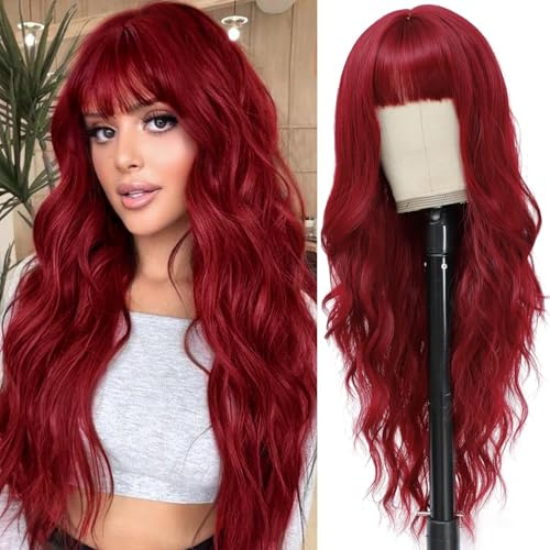 PORSMEER Damen Perücke Lang Lockige Perücken für Frauen mit Pony, Natürlich Lange Locken Rot Wig, Anime Cosplay Halloween Wigs 26 Zoll (Rot)