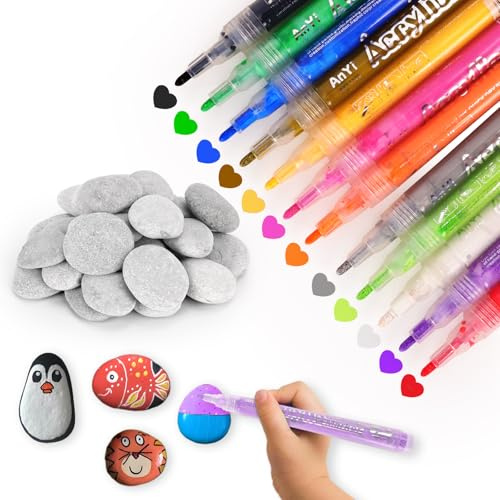 Zidoley 15 Stück Flache Steine zum Bemalen und 12 Farben Wasserfest Marker Acrylstifte für Flusskiesel, 3-5 cm Flach Kieselsteine zum Basteln, Deko-Steine, Bemalen Stifte für Kinder DIY