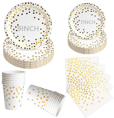 100Pcs White and Gold Paper Plates, Disposable Party Plates Cups and Napkins, 9 and 7 Strong Paper Plate, Party Tableware Set for Birthday Bridal Shower Wedding Table Decorations