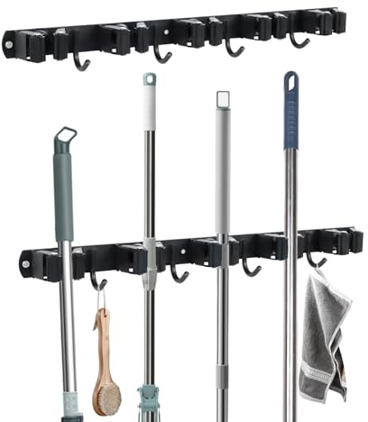 Yuecuu Besenhalterung Wand, 2 Stück Edelstahl Gerätehalter mit 5 Halter 4 Haken Werkzeughalter wand für Garage, Küche, Badezimmer