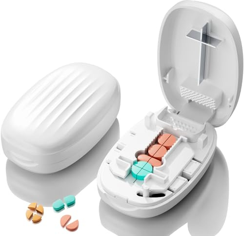 Pill Cutter Splitter for Small and Tiny Pills, 1/2 1/4 Pill Splitter for Small Pills,Vitamins, Tablets in Half or Quarters, Accurate and Easy Cutting, Stainless Steel Blade, Back Storage (White)