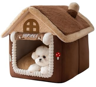 Galatée Casa para Gatos, Linda Cueva con Chimenea, Casa Suave con Dibujos Animados, Cálido Refugio para Gatos, Tienda De Campaña para Perros con Cojín Extraíble(L, Marrón)
