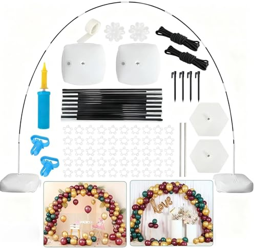 Kit de arco de globos mejorado, soporte ajustable de arco de globos de 10 pies de ancho y 9 pies de alto con base gruesa rellenable de agua, 50 clips de globo, bomba de globo, clavos de tierra para