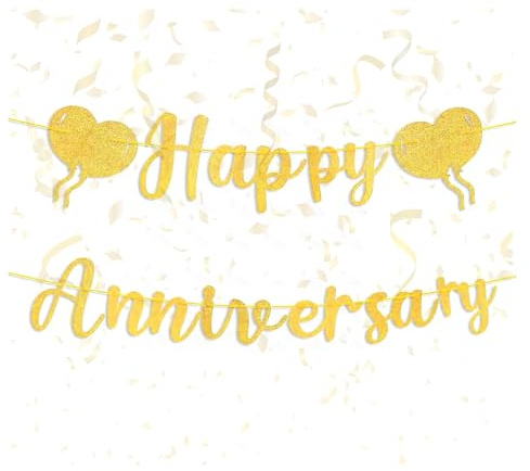 Bannière « Happy Anniversary » - Décorations d'anniversaire - Guirlande dorée à paillettes - Motif de ballons - Décoration romantique à suspendre pour fête de mariage, maison, plafond, porte, fenêtre