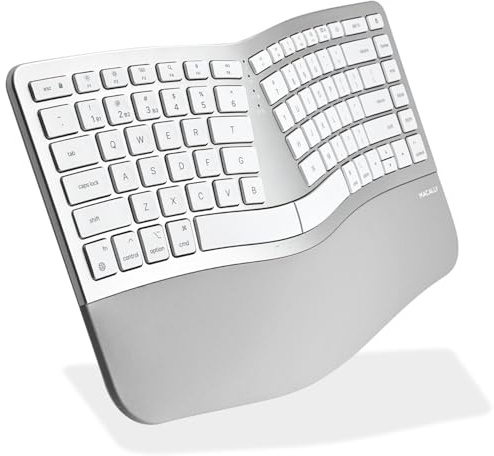 Macally Ergonomic Keyboard for Mac Wireless, Split Bluetooth & USB-C+A Wired Dual Mode Keyboard, Rechargeable Multi-Device Ergonomic Keyboard for MacBook iMac iPad iPhone with Wrist Cushion