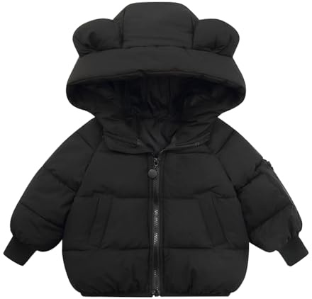 Quiltad jacka baby, vinterjacka med huva övergångsjacka varm huvjacka enfärgad dunjacka lätt utomhusjacka med dragkedja fritidsjacka cardigan bekväm pufferjacka, svart, 100