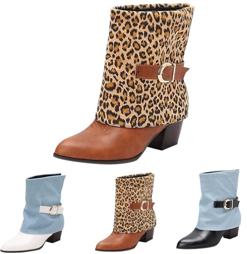 Botas altas para mujer con tacón elegante - Botas holgadas Fold Over Shark Boots Semi-High Botines Tacón Bloque Botines Puntiagudos Punta Punta Botas de Mujer Botas de Invierno Botas de Entretiempo