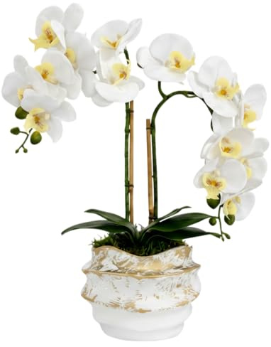 BelaLusa® Orchideen Künstlich Wie Echt 50 cm – Künstliche Orchideen im Topf, Kunstblumen Wie Echt Weiß, handgefertigt in Portugal mit Moos, Bambus und Keramik (Weiß-Gold)
