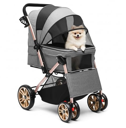 Foldable Pet Stroller, Cat Dog Buggy for Small Medium Dogs with Storage Basket Cup Holder, Mesh Windows 360° Rotating EVA Wheels with Brakes Dog Pushchair Folding Pram for Cats and Puppies (Grey)