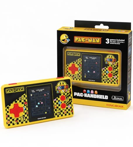 Consola de Juego Portátil PAC-Man Edición Pocket – Mini Arcade Retro con 3 Juegos Clásicos Incluidos – Versión Original – Consola de Bolsillo para Niño y Adulto (Viaje) – Amarillo