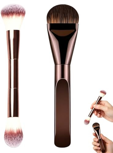 BCHKO Brochas de Maquillaje Set de 2 Pinceles: Brocha Doble para Rubor y Polvo + Brocha Curva para Base Líquida. Cerdas Suaves Veganas para Acabado Profesional.