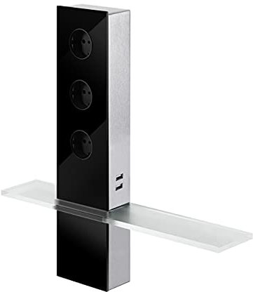 Turm Energiebox Design Edelstahl mit Glas schwarz - Schuko 3-Fach und 2-Fach USB/Steckdosen/USB-Port