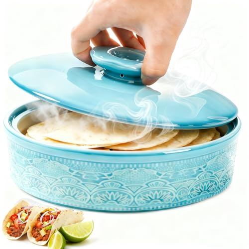 Noamus Ceramic Tortilla Warmer with Lid, 8.5 Inch Microwavable Pancake Holder, Aqua Taco Keeper Server Box, Food Storage Container for Mexican Party, Taco Tuesday Night, Dishwasher Oven Safe