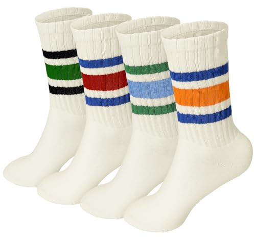 Meng Jiaran 4 Paia di Calzini Sportivi a Giro per Donna e Uomo, Calzini a Giro Rigati per Donna e Uomo Taglia 4-7, Calzini Casual in Cotone Retro Atletici per Donna e Uomo