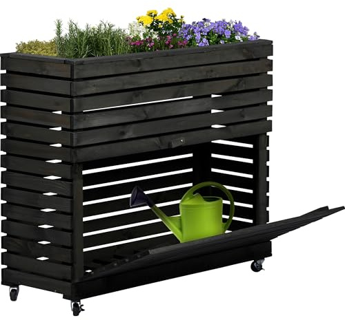 dobar® Großes Hochbeet Rolla aus Massivholz Gr. XL mit Rollen - Erhöhtes Beet mit Staufach - 72 x 32,5 x 78 cm - Anthrazit