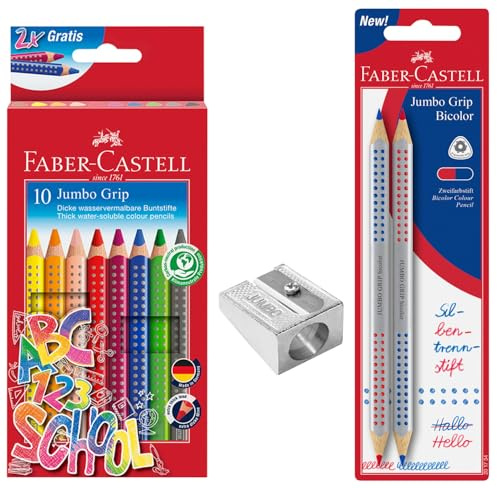 FABER-CASTELL 205226 – färgpennor set skolstart, 13 delar, inklusive pennvässare jumbo och silverpenna | Skrivset med jumbo pennvässare, 10 kritor och stavelser penna för skolstart