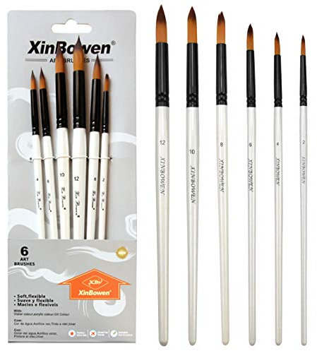 Juego de Pinceles de Acuarela de 6 Piezas, Cepillo de Nailon con Mango de Abedul, Juego de Pinceles de Artista para Pintura Acrílica, Acuarela, Pintura al óleo y Gouache