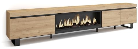 Skraut Home | Mueble TV | Televisión | Muebles de salón, almacenaje | 288x57x35 cm | para TV Gran Formato | Chimenea eléctrica XXL | Diseño Industrial | Estilo Moderno | Roble