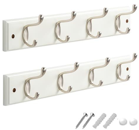 GlazieVault Coat Hooks Wall Mounted - MDF Board Nickel Hook Coat Rack(2 Pack) - Heavy Duty White -Coat Hooks for Wall Clothes Hooks and Wall Hooks