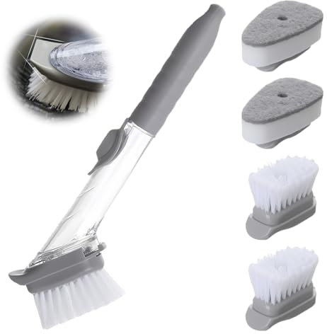 MisFun Set di spazzole per pulire piatti con 4 spazzole di ricambio multifunzionali, spazzola per la pulizia della casa, spazzola per la pulizia della casa, con dispenser di sapone, per la pulizia di