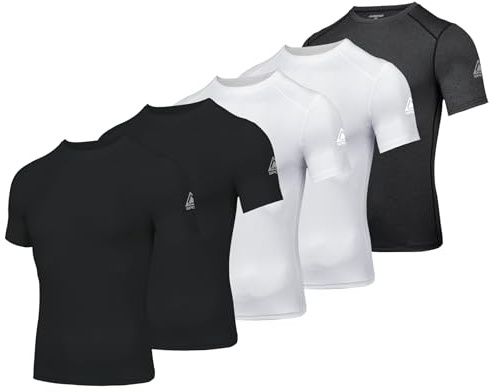 AMZSPORT Camiseta de Compresión para Hombre, Manga Corta, Funcional, Cool Dry, para Entrenamiento y Running, 2 Nero 2 Bianco 1 Grigio, M