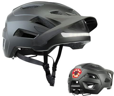 Fahrradhelm für Erwachsene mit wiederaufladbaren USB-LED-Front- und Rücklichtern, Mountainbike- und Rennradhelm für Männer und Frauen mit Verstellbarer Hutkrempe (Black, M)