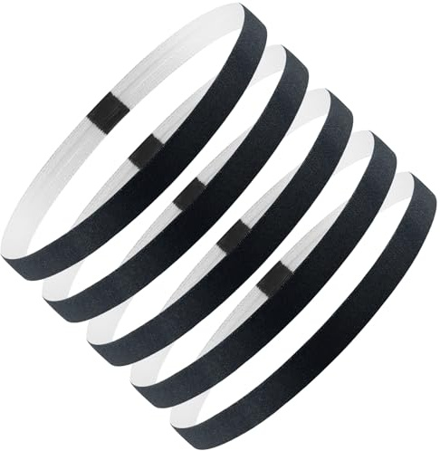 Blooms Unisex Sportpannband, 5-pack Hårband, Elastiska Pannband för Män och Kvinnor, Halkfria Tunna Hårband för Fotboll, Yoga, Löpning (svart)