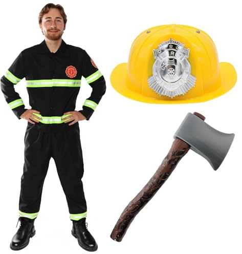 Disfraz de bombero para adultos, sombrero amarillo para hombre, uniforme de bombero de hacha de 40 cm con detalles reflectantes para disfraces, disfraz divertido de despedida de soltero, Halloween y