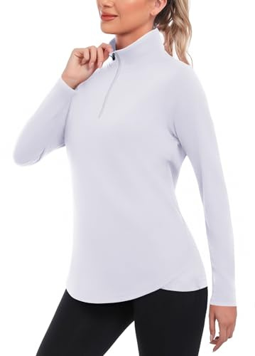 PINSPARK Abbigliamento da palestra da donna 1/4 zip UPF 50+ top a maniche lunghe ad asciugatura rapida sport corsa top allenamento ciclismo yoga camicie leggero Activewear, bianco, L