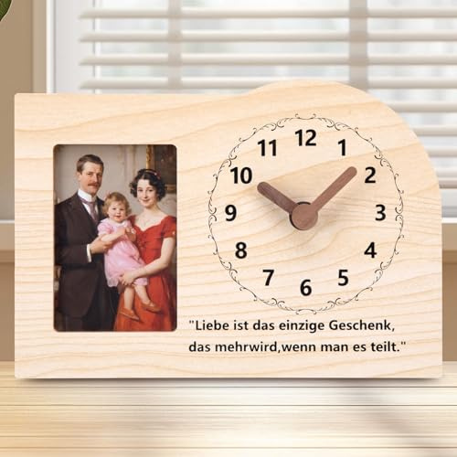 ACCSHINE Tischuhr Holz Mit Foto Wanduhr Ohne Tickgeräusche Modern für Wohnzimmer Küche Schlafzimmer Büro, 20cm