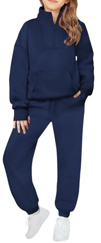 Survêtement 2 pièces en polaire confortable pour garçons et tout-petits avec demi-fermeture éclair pour adolescentes, couleur unie, col montant, trou pour le pouce + poches, pantalon de jogging