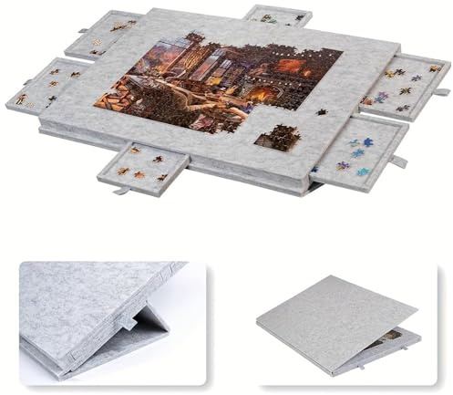 Pusselbräda Med 6 Lådor, Lutande Filtpusselbräda 2 I 1 Med Stativ Och Lock, Pusselspelbord Hopfällbart Och Portabelt, Pusselbräda För Pussel Med 1000/1500 Bitar Light Gray 77*53.6*4.2cm [1000 pieces]