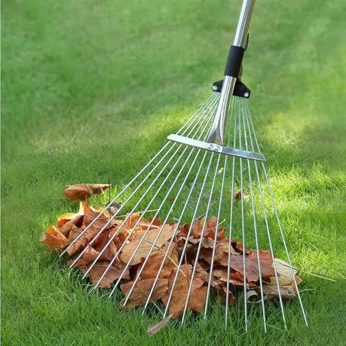 Garden Mile 118cm/148cm Adjustable Garden Lawn Rake Leaf Rake - Autumn Leaves 15 Tines Lightweight Steel Garden Rake - Tubular Steel Shaft & Plastic Grip - Garden Maintenance