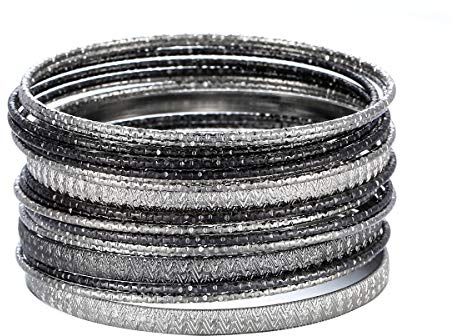 Ensoul 2.68 Inner Diameter Silver Lt Hematite Multiple Textured Metal Bracelets & Bangles Set For Women 18Pcs/Set
