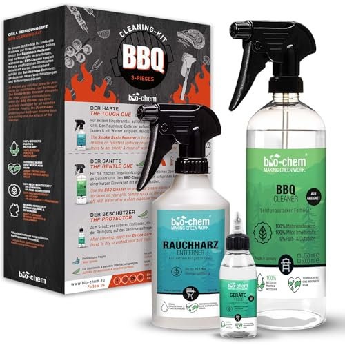 bio-chem Grill- und Backofen Reinigungsset 3-teilig - Kraftvolle Grillreiniger & Pflege - Für Gasgrill, Backrohr, Ofen, Edelstahl, Gusseisen, Smoker u.v.m. - Made in DE
