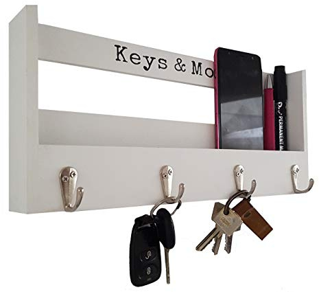 LB H&F Schlüsselbrett Holz mit Ablage Schlüsselkasten Vintage Schlüsselschrank und 4 Schlüsselhaken für Briefe, Stifte, Handy Schlüsselleiste Schlüsselboard Weiß