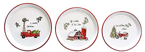 All Chic Lot de 3 assiettes en émail blanc avec bord rouge - Assiettes de Noël en émail - Plat à tarte en émail (rouge)
