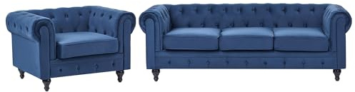 Beliani Conjunto de sofás Chesterfield tapizado en Terciopelo Azul Cobalto Patas de Madera Oscura sofá 3 plazas + sillón Estilo clásico Chesterfield