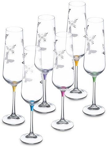 Barski Lot de 6 flûtes à champagne en verre cristal pour toast de mariage avec imprimé papillon et tige de couleurs assorties 255 g Boîte cadeau Fabriqué en Europe