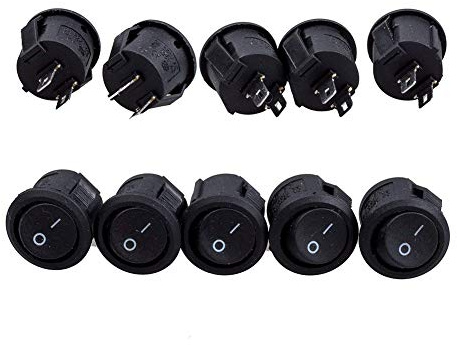 CYH 10 pièce Interrupteur à Bascule Noirs, Ronds, On/Off, Mini Bateau Commutateur Spst Bouton Poussoir pour Voiture Auto Bateau Appareils Ménagers 6 A/125 V, 3 A/250 V