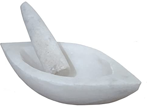 Purpledip Mortier en marbre - Ensemble bol à moudre ayurvédique Khal Dasta, en forme de bateau (12469B)
