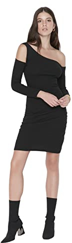 Trendyol Vestido Corto de Punto Ajustado para Mujer, Negro, S