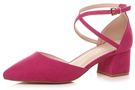 AJVANI Womens Ladies mid Block Heel Pointed Toe Cross Strap Two Part Mary Jane Court Shoes Sandals Size