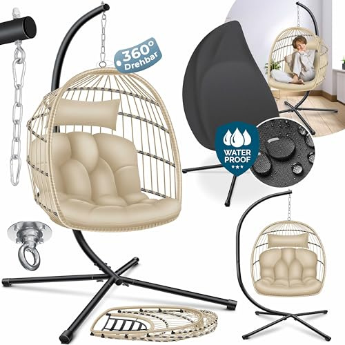 KESSER® Fauteuil Suspendu Effet Jungle avec Structure en Acier | Panier Suspendu avec Grand Coussin + Fixation pour Plafond | Balançoire Suspendue | pour intérieur et extérieur (Beige)