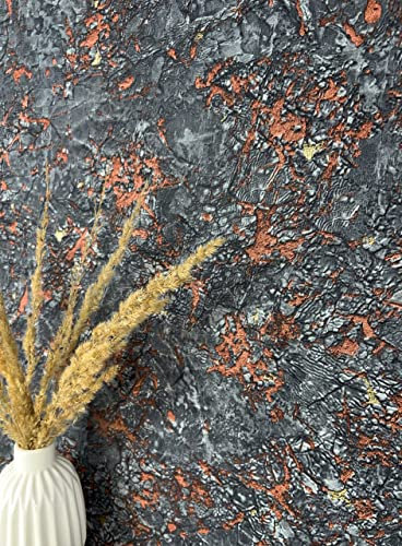 NEWROOM Tapete Schwarz Vliestapete Lava - Steintapete Modern Dunkelgrau Kupfer Glut Stein Steinoptik 3D Optik Lava Kupfer inkl. Tapezier-Ratgeber