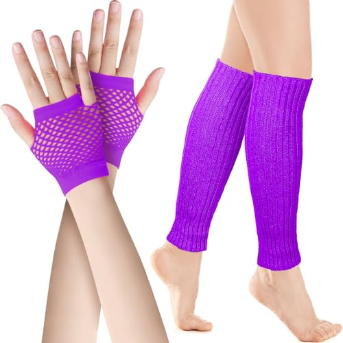 SATINIOR Set de Calentadores de Piernas Elásticos de Neón y Guantes de Rejilla Accesorios Disfraces los Años 80 (Morado)